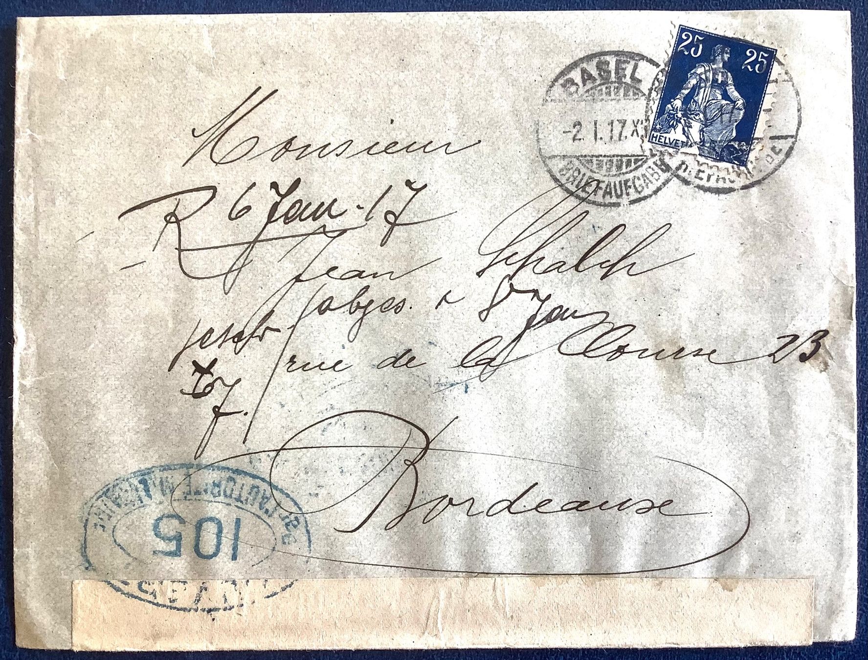 Tutti i francobolli: 1917 / Zensurbrief - Basel nach  Bordeaux – Usato da Liestal venduto da Skunk02