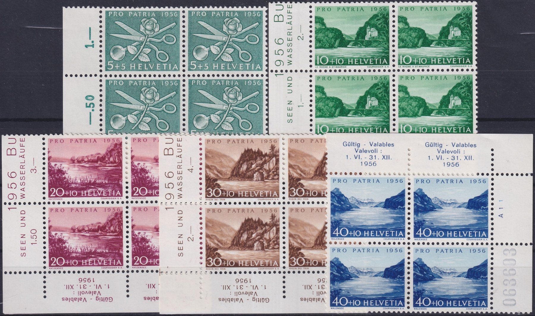 Tutti i francobolli: 1956, Pro Patria B76-B80 Viererblöcke postfrisch** Kat: 60.- – Usato da Sursee venduto da Luzernerraute