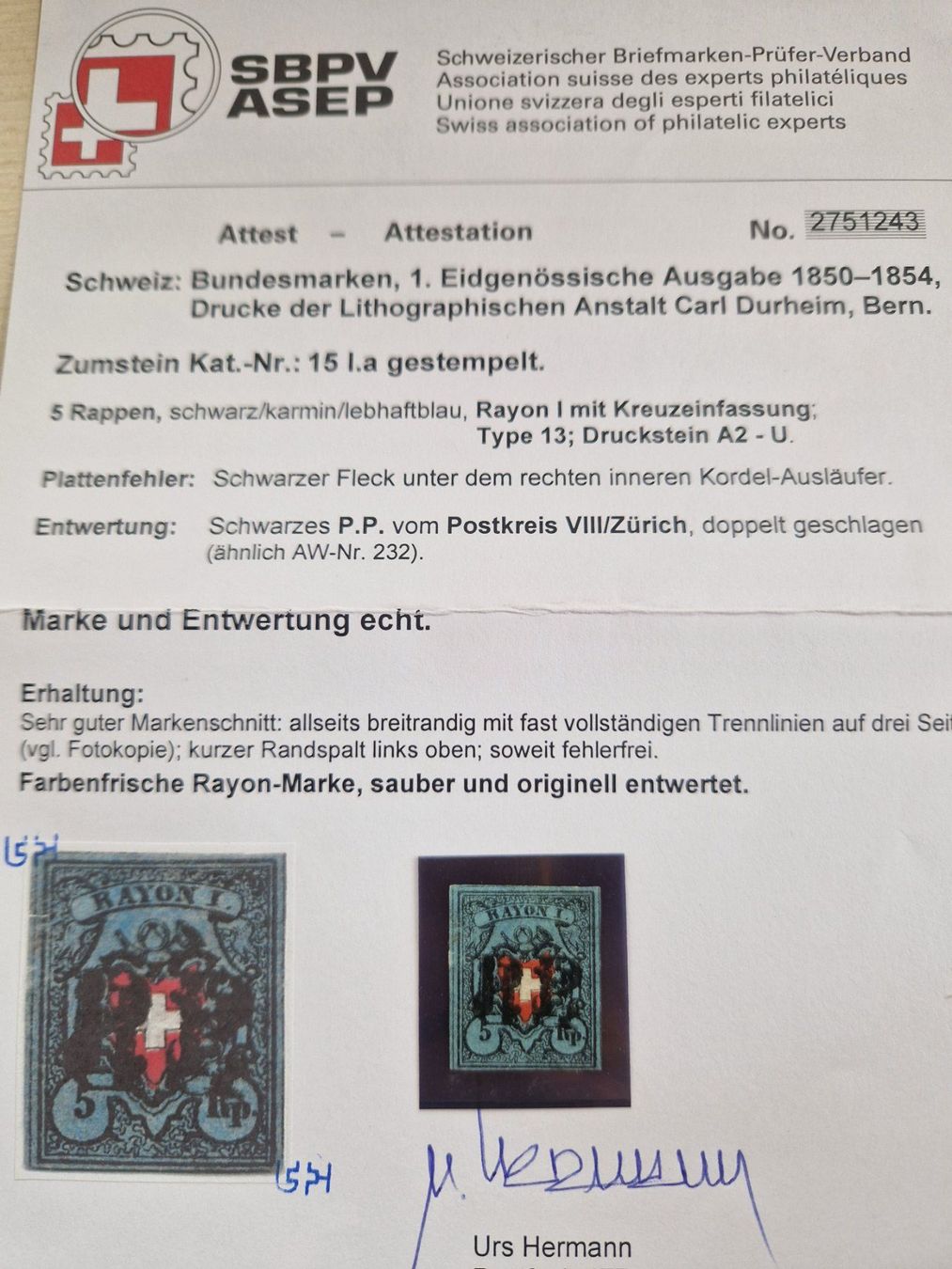Alle Briefmarken: Rayon 15Ia Type 13, Attest, Plattenfehler, 1725.- + – Gebraucht aus Burgdorf von Glossy01