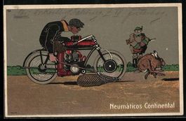 Mann mit Kescher auf Motorrad jagt Hasen