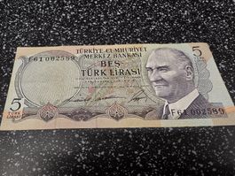 5 Türk Lirasi 1972 Türkei Banknote guter Zustand