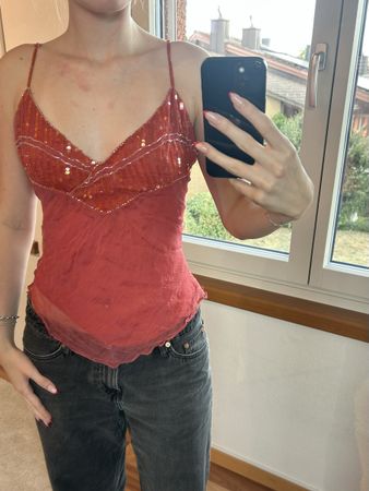 cute vintage top red with rhinestone   