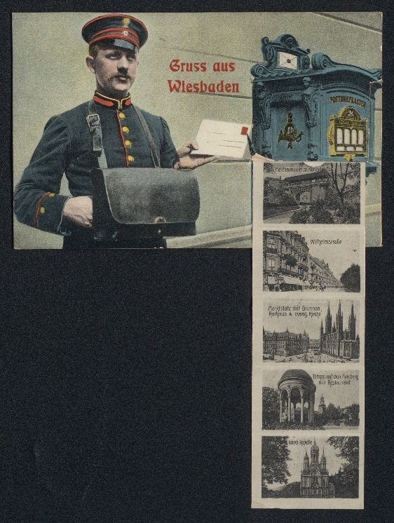 Cartoline postali: Leporello-AK Wiesbaden, Postbote wirft A – Usato da Berlin venduto da bartko-reher