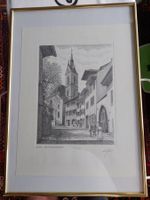 Lithographie Peterskirche Basel signiert mir Rahmen 30x50