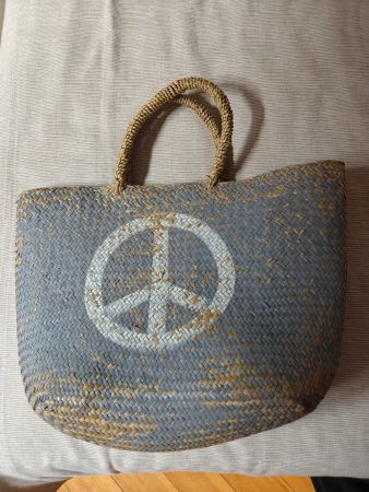 PEACE summer straw woven natural grey tote beach carry
