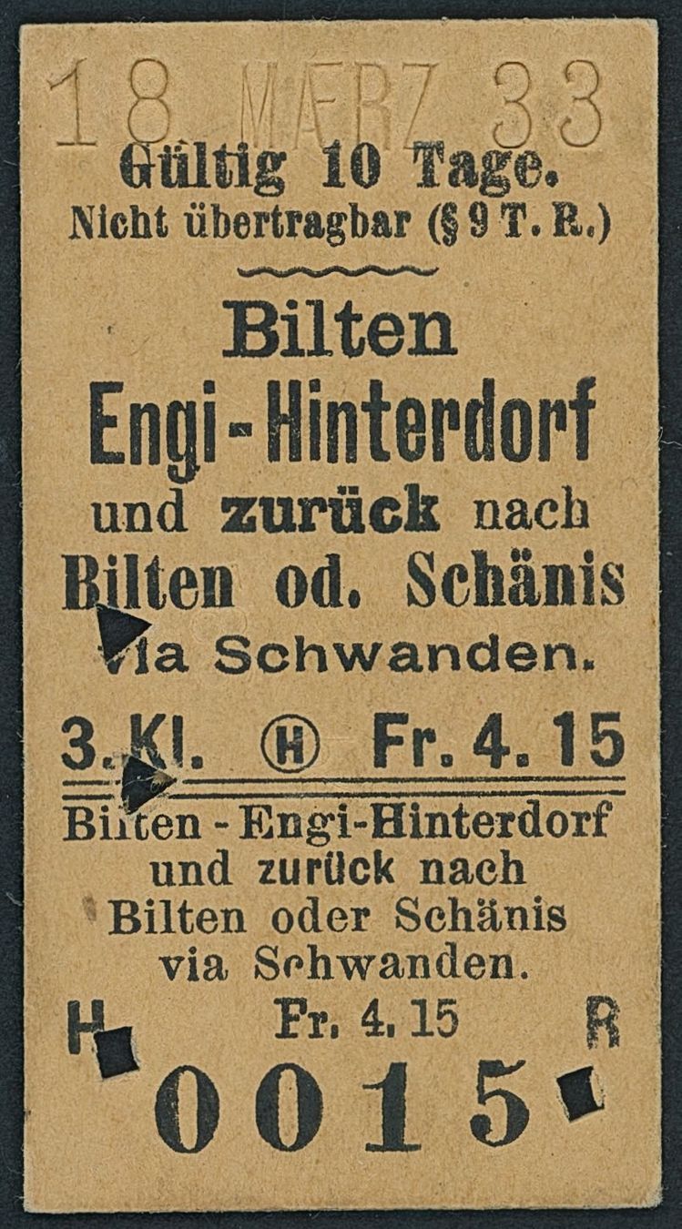 Billets: GL Sernftalbahn SeTB - Glarner Bahn - Billett - Bilten•Engi – D'occasion à Schindellegi par leecollect
