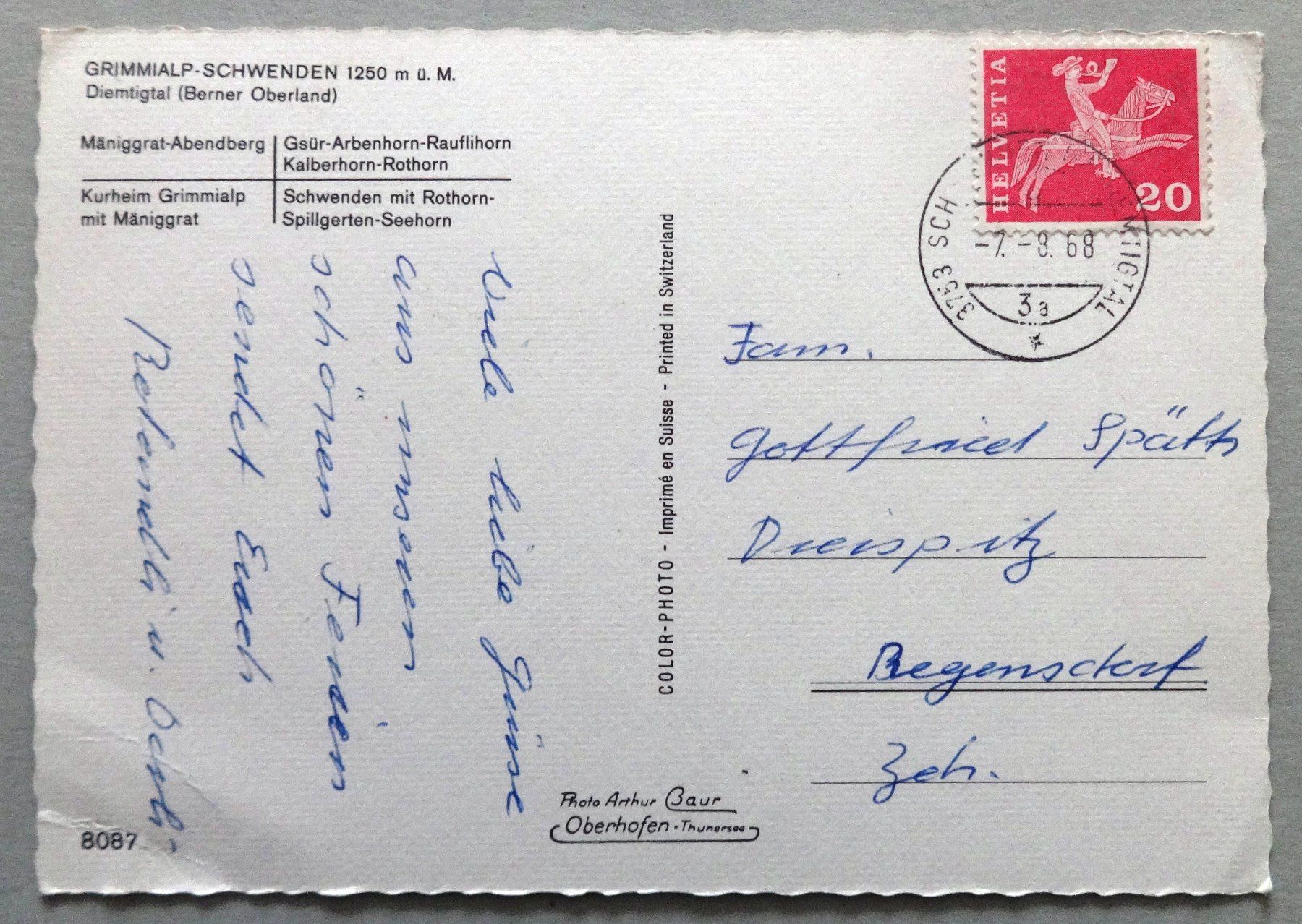 Cartoline postali: Grimmialp-Schwenden 1250 m ü.M. – Usato da Fétigny venduto da Billy2miny 1