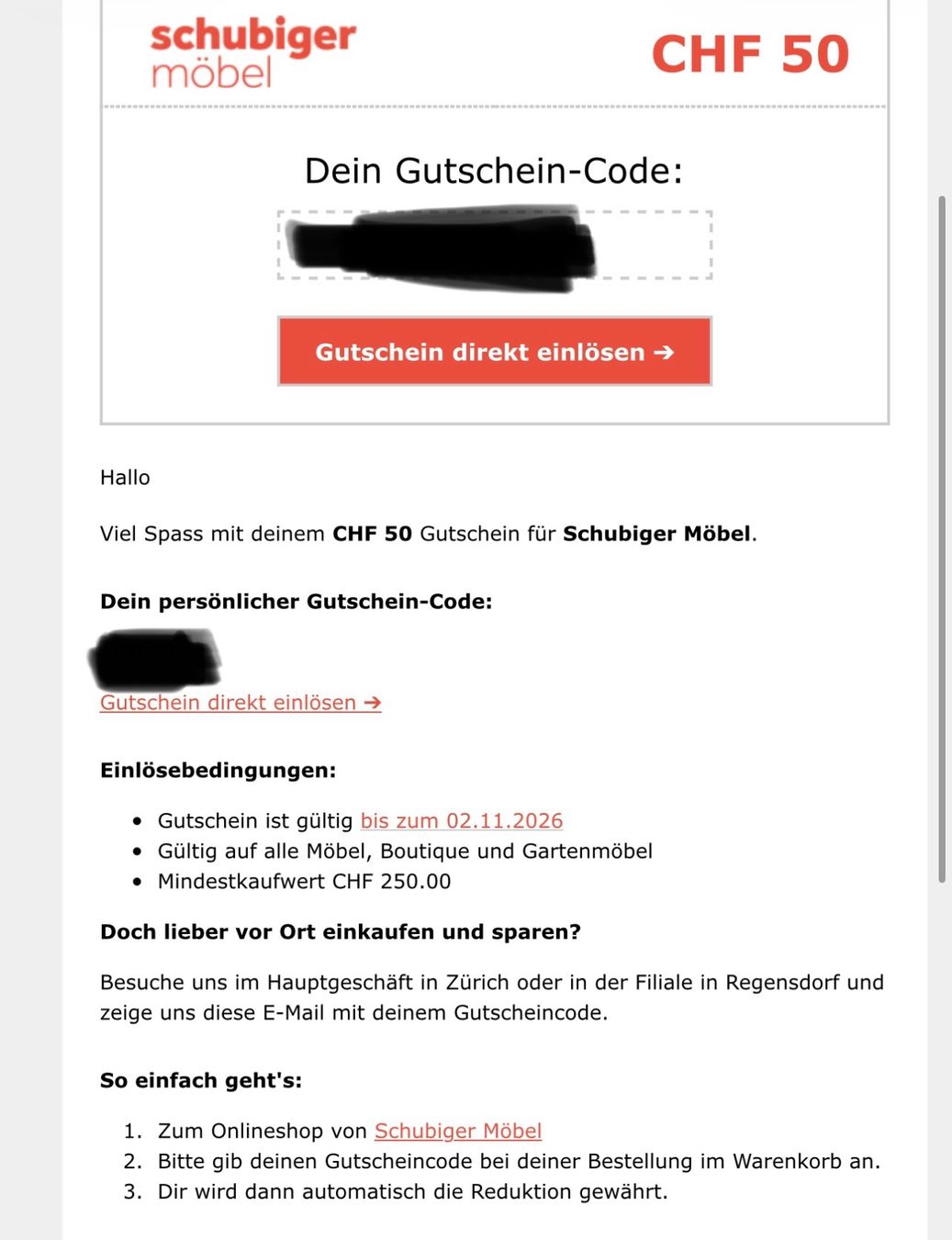 Gutscheine: Schubiger Möbel Rabattcode 50.- (bis 2.11.26) – Neu und originalverpackt aus Glattpark(Opfikon) von ste_n99y