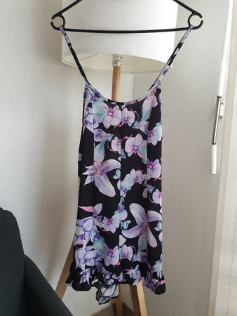 Black Floral Print Ruffle Romper, Open Back, Spaghetti Strap