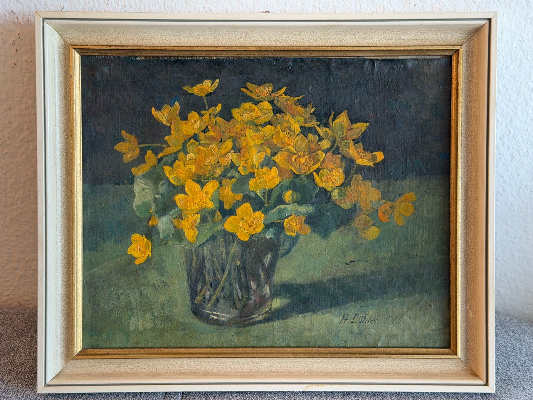 Dipinti: 1913 Ölgemälde Blumenstillleben signiert "Fr. Bühler" – Usato da Basel venduto da Kaffee_und_Kunst