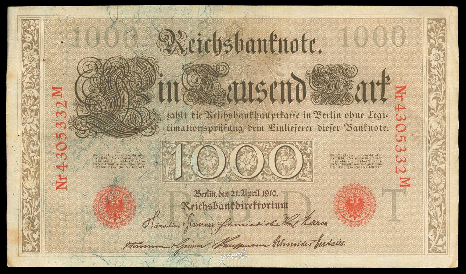 1000 REICHSBANT NOTE 1910 quot Reichs Bank Berlin quot (D #39 occasion) à Onex pour
