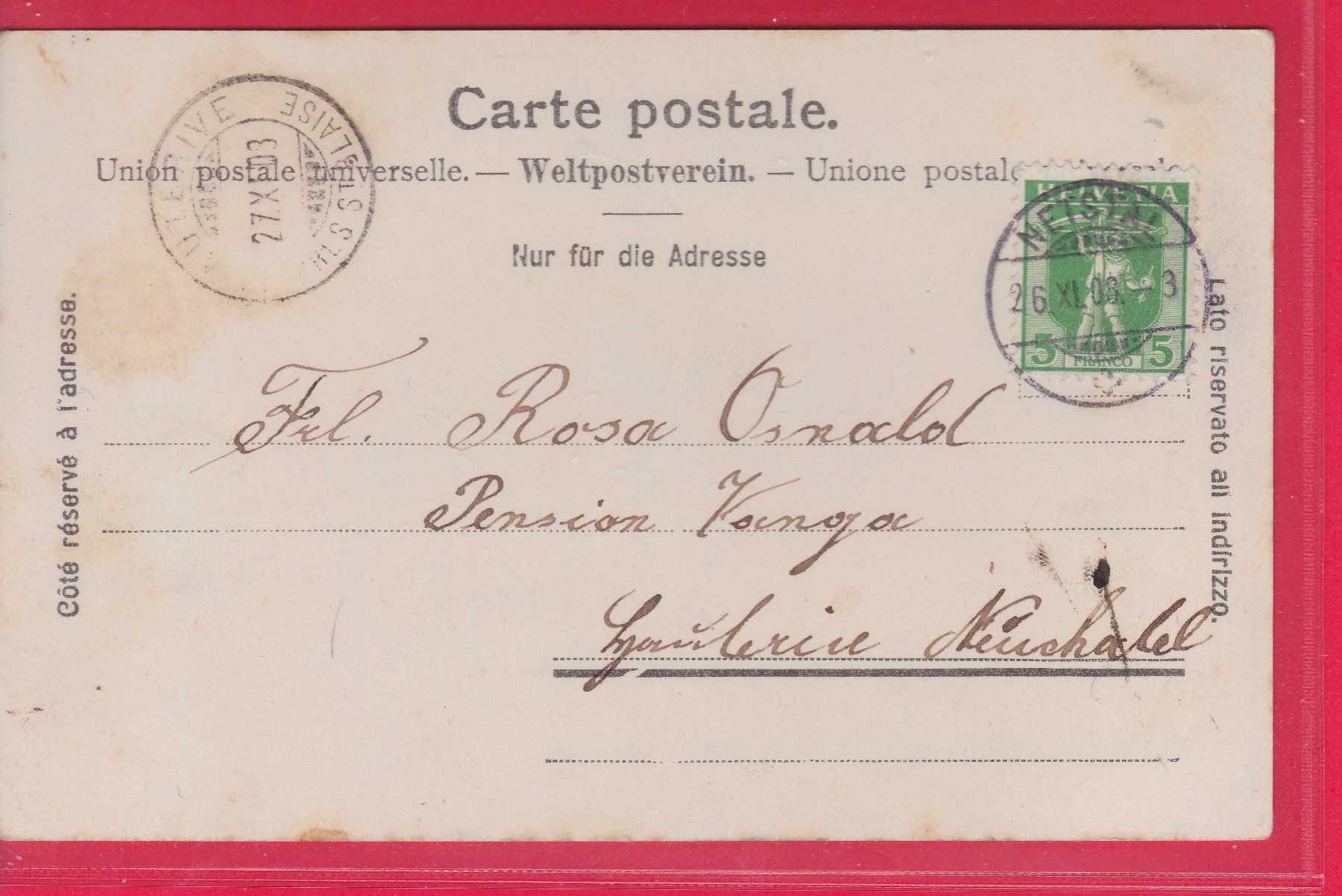 Cartoline postali: DIE BURGKAPELLE BEI GLARUS, 26.11.1908 – Usato da Oberrieden venduto da Gebirgsstelze 1