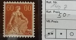W) 140z, Sitzende Helvetia postfrisch Kt. 50.-