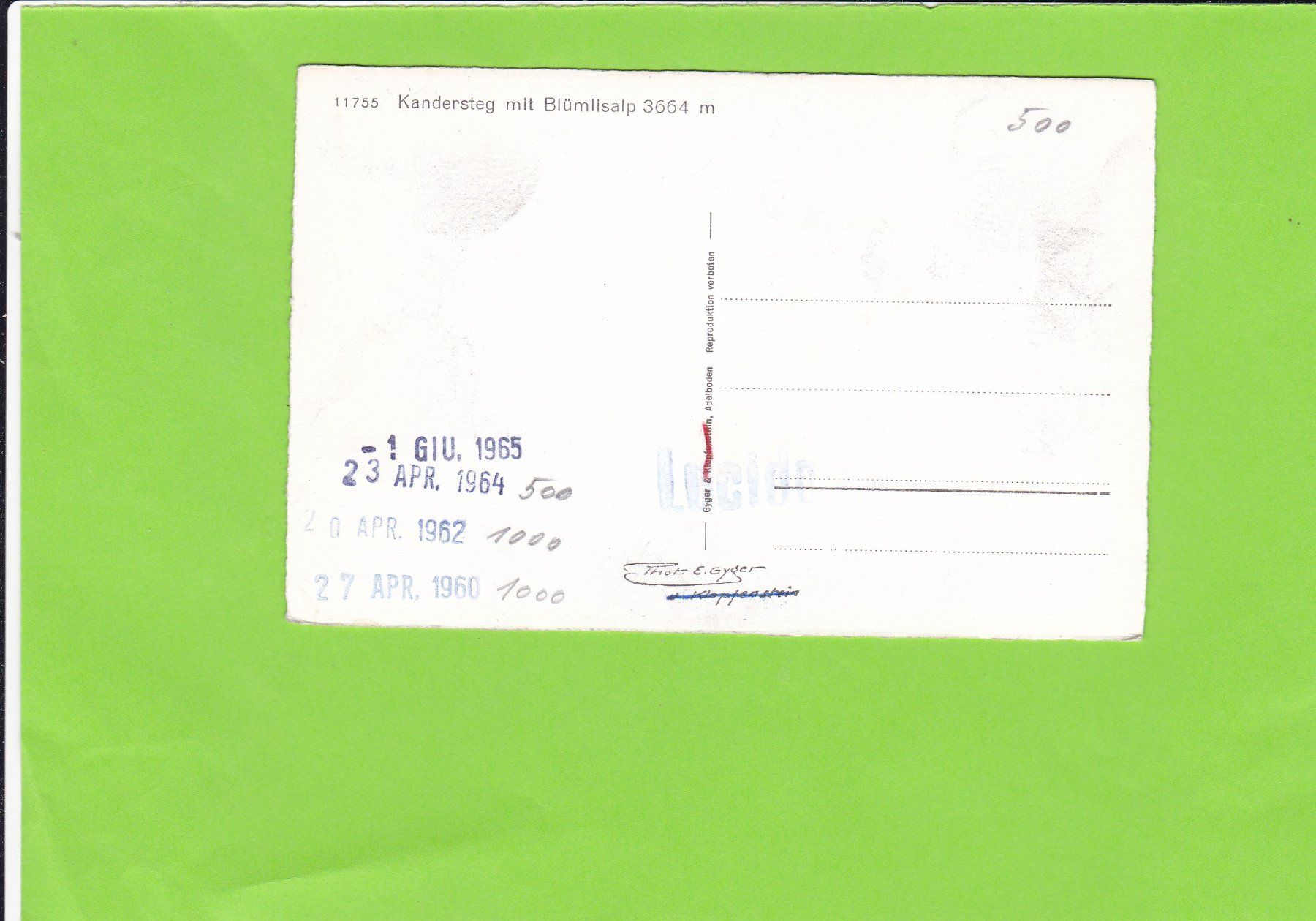 Cartoline postali: 11755 Kandersteg, E. Gyger – Usato da St. Peterzell venduto da neckertal 1