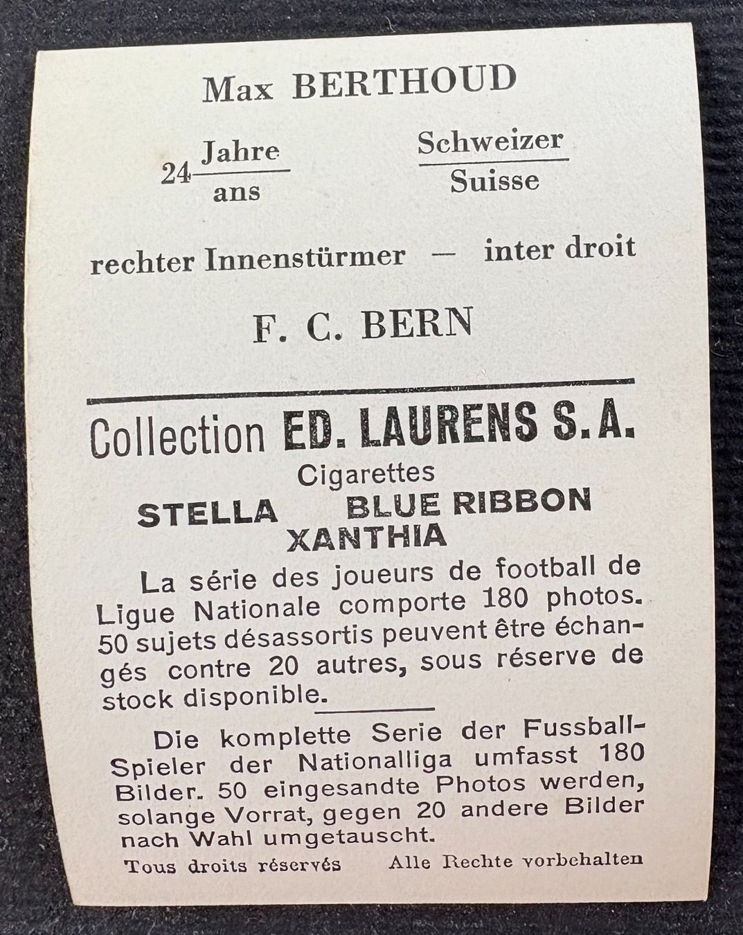 Carte collezionabili: FUSSBALL F.C.BERN MAX  BERTHOUD 1933 – Usato da Ostermundigen venduto da wini63 1