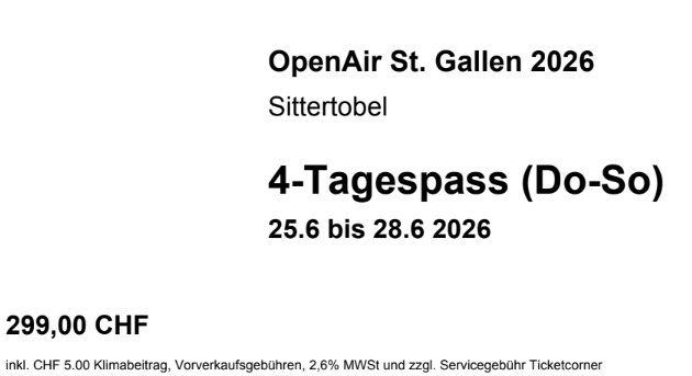 Biglietti: Openair St. Gallen 4-Tagespass – Nuovo (secondo la descrizione) da Pfäffikon ZH venduto da Cupcake2019 1