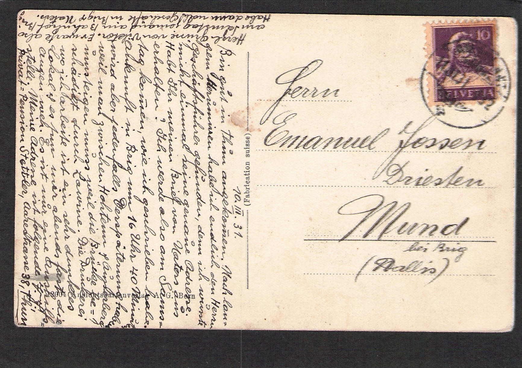 Cartoline postali: AK,BE , Thun mit Schloss u. Kirche,1931 – Usato da Reichenburg venduto da Pipo-67 1