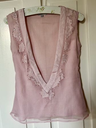 Saint Tropez Blouse, Size M, Pink, Beaded Details.
