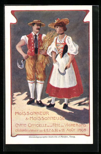 Cartoline postali: AK Vevey, Bauernpaar mit Sichel – Usato da Berlin venduto da bartko-reher