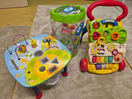 Lernspielzeug-Set: Lauflernwagen, Spieltisch & Krabbelrolle