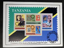 Tansania 1979 Block Todestag Rowland Hill Marke auf Marke