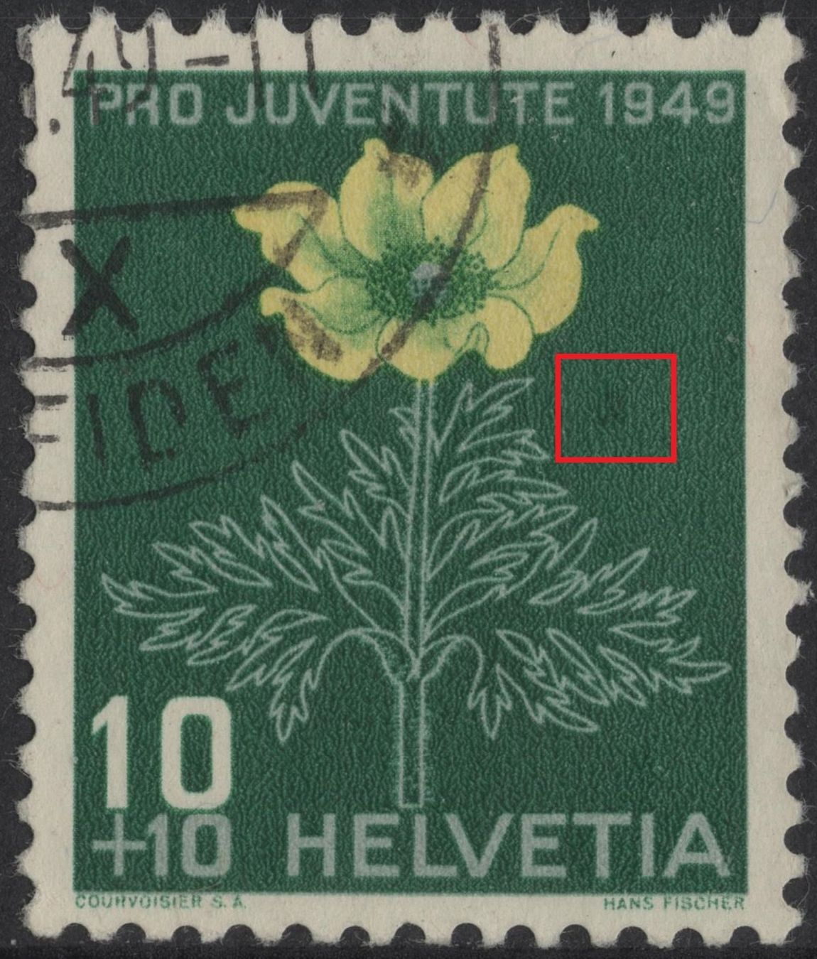 Alle Briefmarken: 10 Rp. Schwefelanemone mit ABART – Gebraucht aus Eglisau von Chperfins