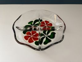 Glas Schale mit Blumenmuster 4 Fächer Zustand top 