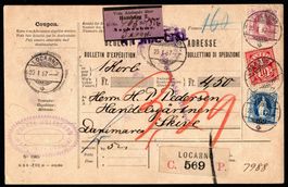 1897 Nachnahme Locarno nach Dänemark Mischfrankatur