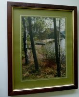 Gerahmtes Bild, idyllische Seelandschaft, Birken am Ufer