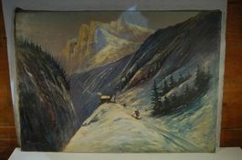 Forestier Berggegend mit Skifahrern Oel auf Leinwand