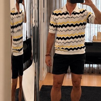 Missoni Polo Strick kurzarm Zickzack Weiss Gelb Schwarz Gr 5