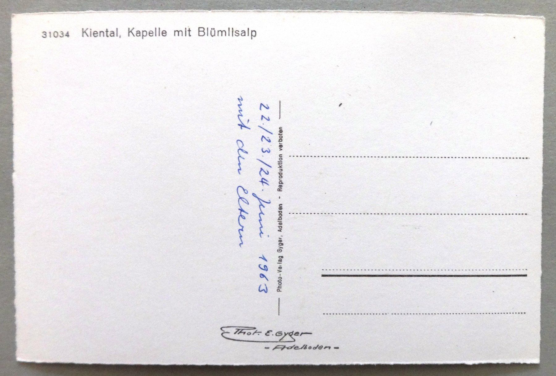 Cartes postales: Kiental, Kapelle mit Blümlisalp – D'occasion à Fétigny par Billy2miny 1