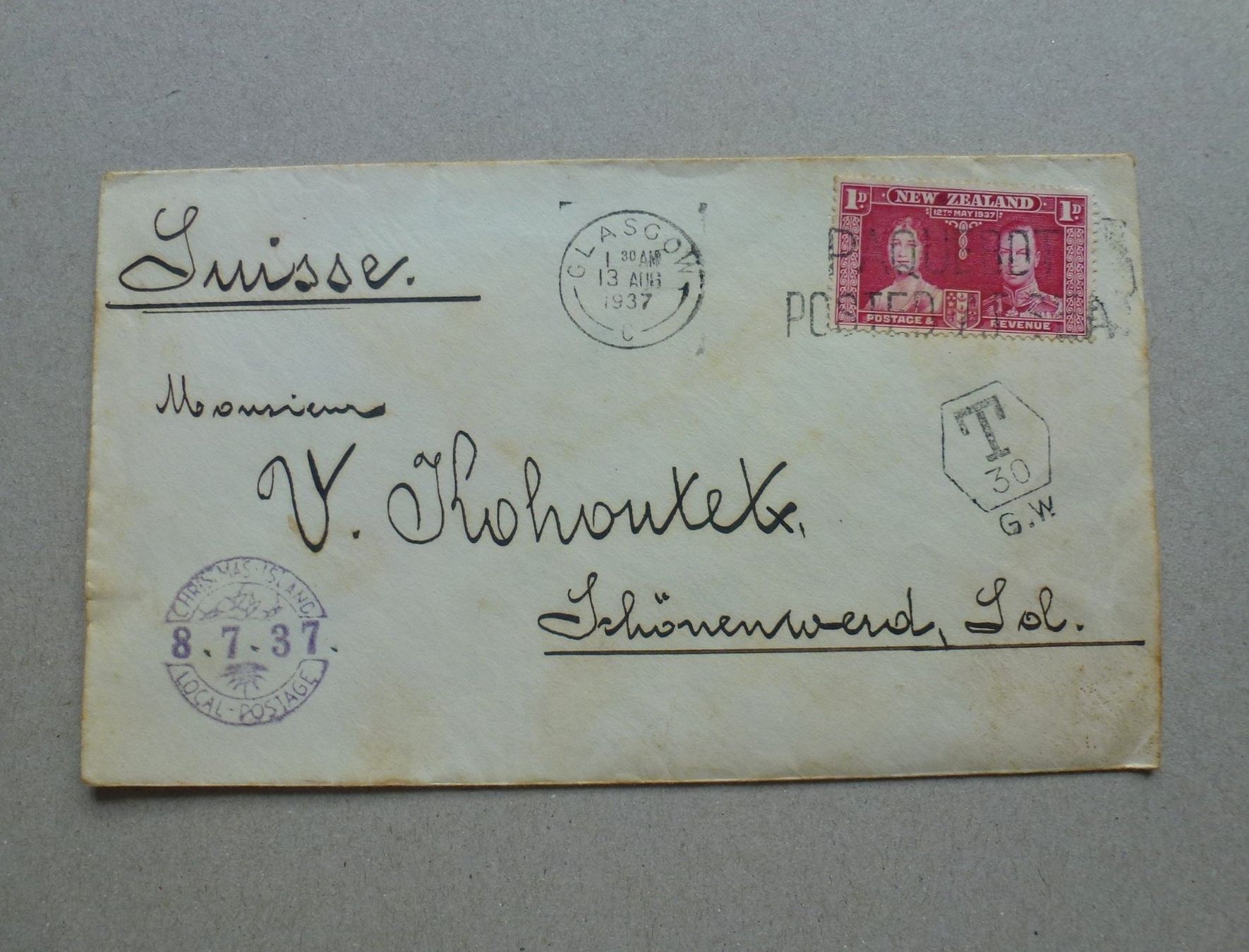 Tutti i francobolli: Neuseeland ++ Brief Clasgow-Schönewerd 13.08.1937 – Usato da Walkringen venduto da Casablanca777