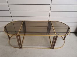 Ensemble tables basses verre fumé et laiton, design vintage 