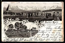 Lithographie Gurten Kulm, Leute auf der Aussichtsplattform, 
