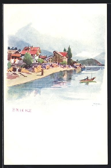 Ansichtskarten: Lithographie Brienz, Uferpartie mit Boot – Gebraucht aus Berlin von bartko-reher
