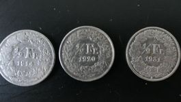 3 alte Silbermünzen Schweiz 1/2 Franken 1914/20/31