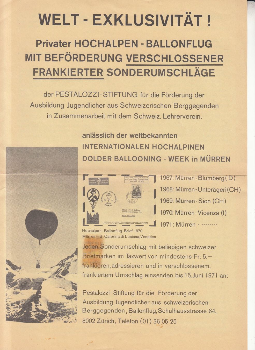 Tutti i francobolli: Hochalpen-Ballonflug Blanco-Couvert mit Werbe-Beilage – Usato da Bürglen TG venduto da StampGraf 2