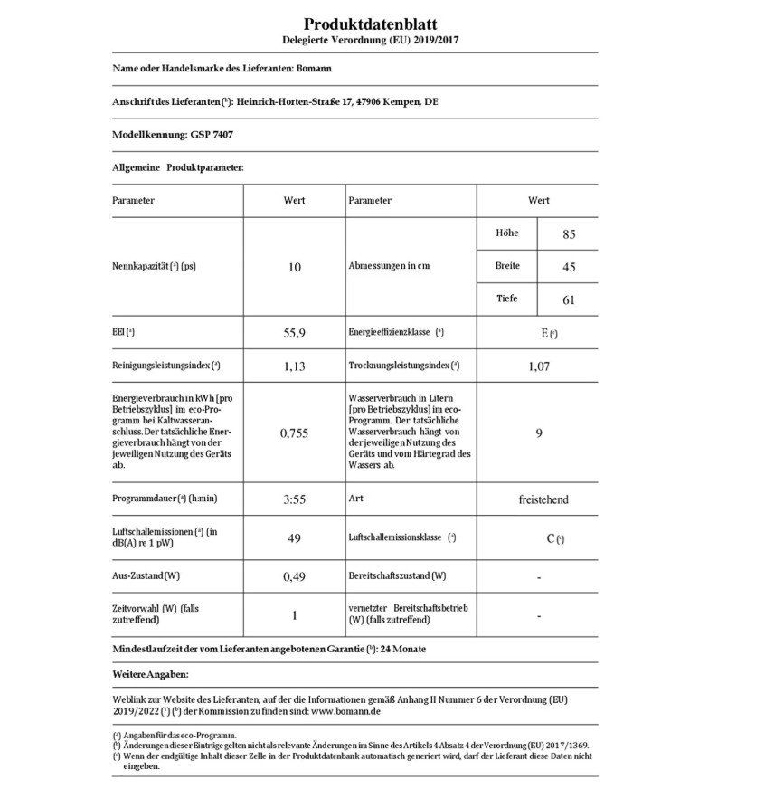 Lavastoviglie: Bomann BOM GSP 7407 – Nuovo e nell'imballaggio originale da Bassersdorf venduto da COOL-AG 6