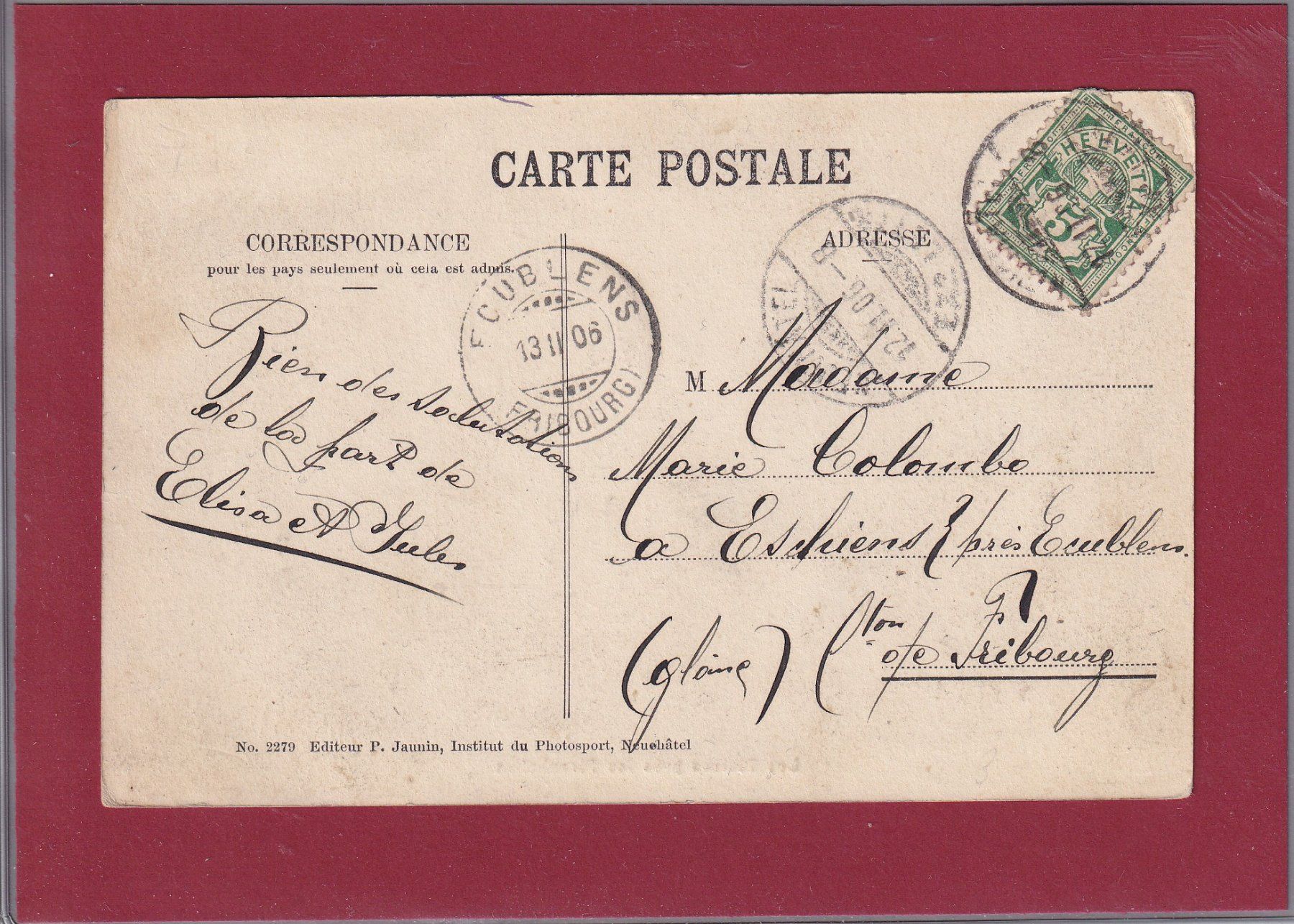 Ansichtskarten: Les Plaines près les Planchettes - 1906 – Gebraucht aus Orvin von Pyaeschli 1