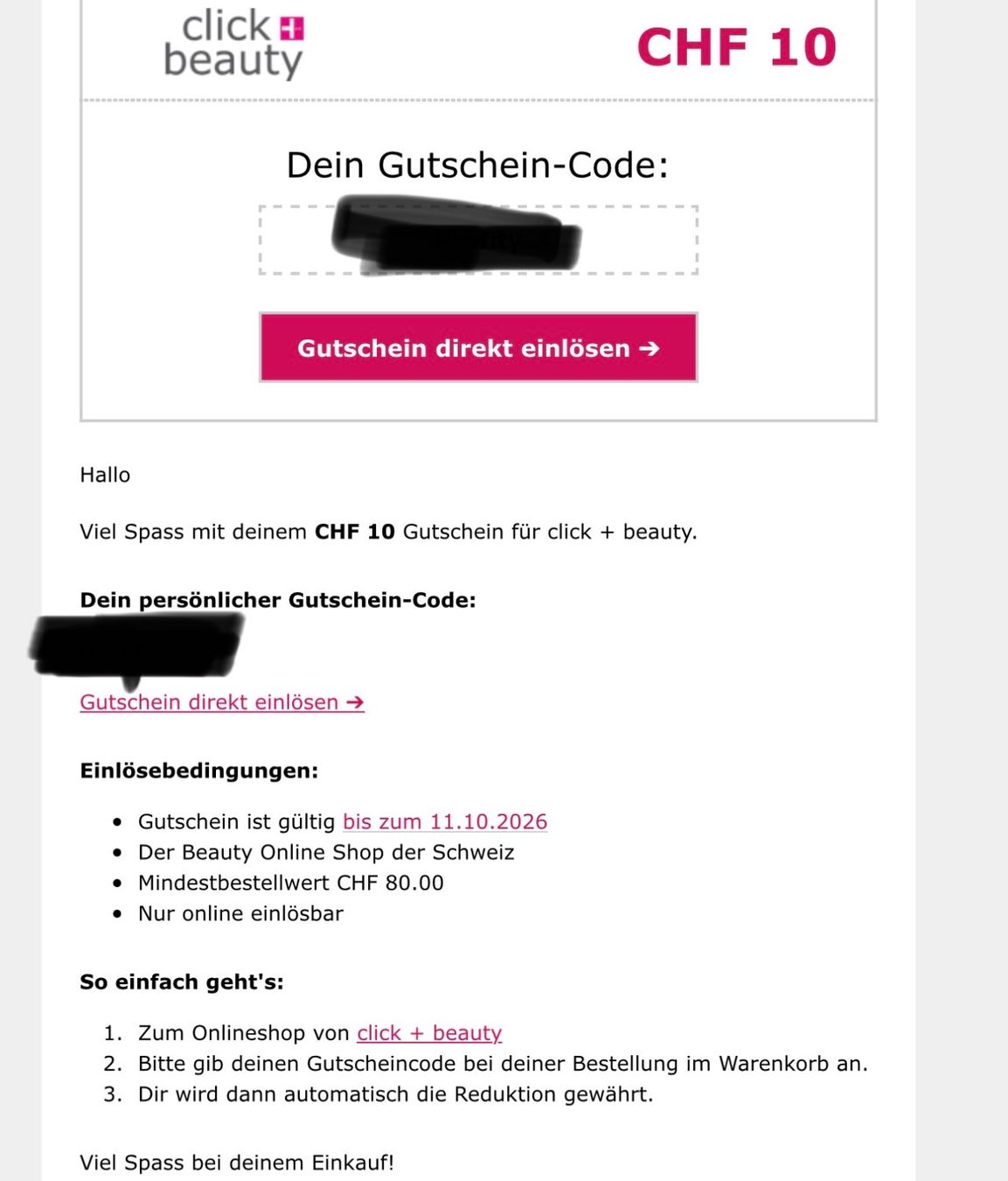 Gutscheine: click + beauty Rabattcode 10.- – Neu und originalverpackt aus Glattpark(Opfikon) von ste_n99y