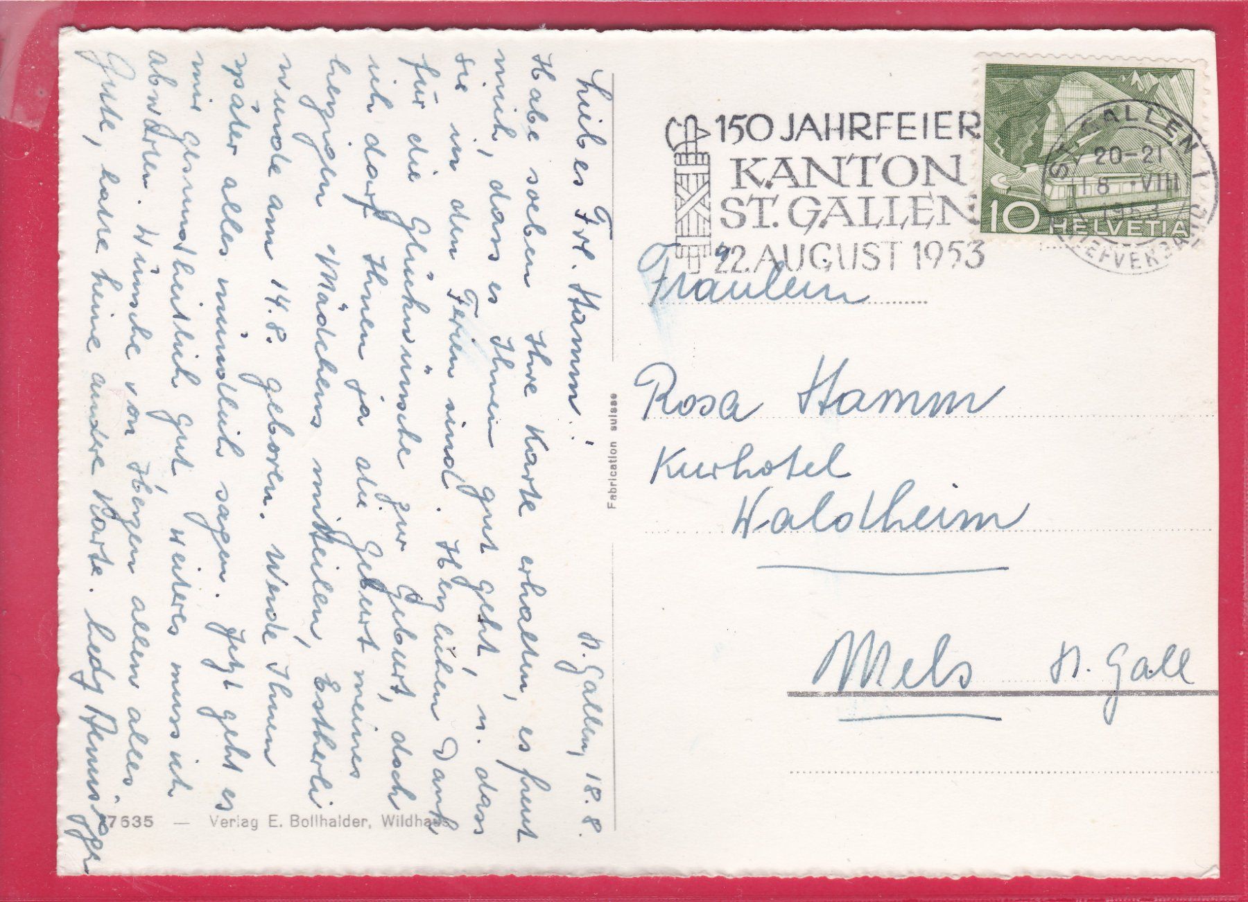 Cartoline postali: WILDHAUS MIT SCHWIMMBAD, 18.8.1953 – Usato da Oberrieden venduto da Gebirgsstelze 1