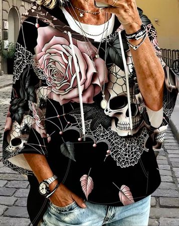 ✨Gothic Hoodie 1XL 46 Totenkopf Lässig Cool Attraktiv✨