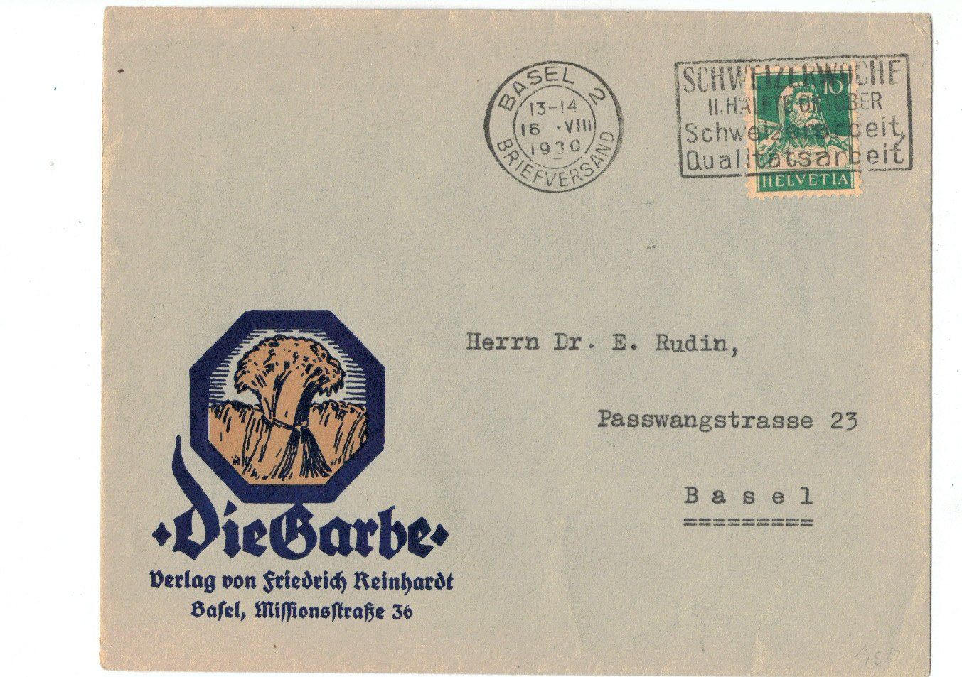 Tutti i francobolli: CH Brief Verlag " Die Garbe " Basel - o 1930 – Usato da Oberwil-Lieli venduto da pizbeverin12