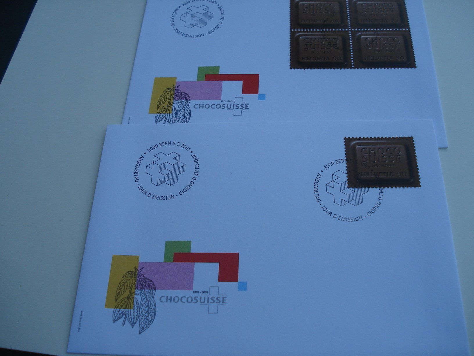 Tous les timbres: Marke Choco Suisse, 2001, FDC Einzel + 4erblock, 2 Bele – D'occasion à Niederwil AG par morostahu 1