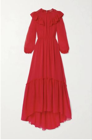 Maje Red Chiffon Ruffle Maxi Dress 36
