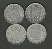4 xFr.5.-1952u.E. Qualität mind.ss+/vz/Ag 0.835/15gr/12,525g