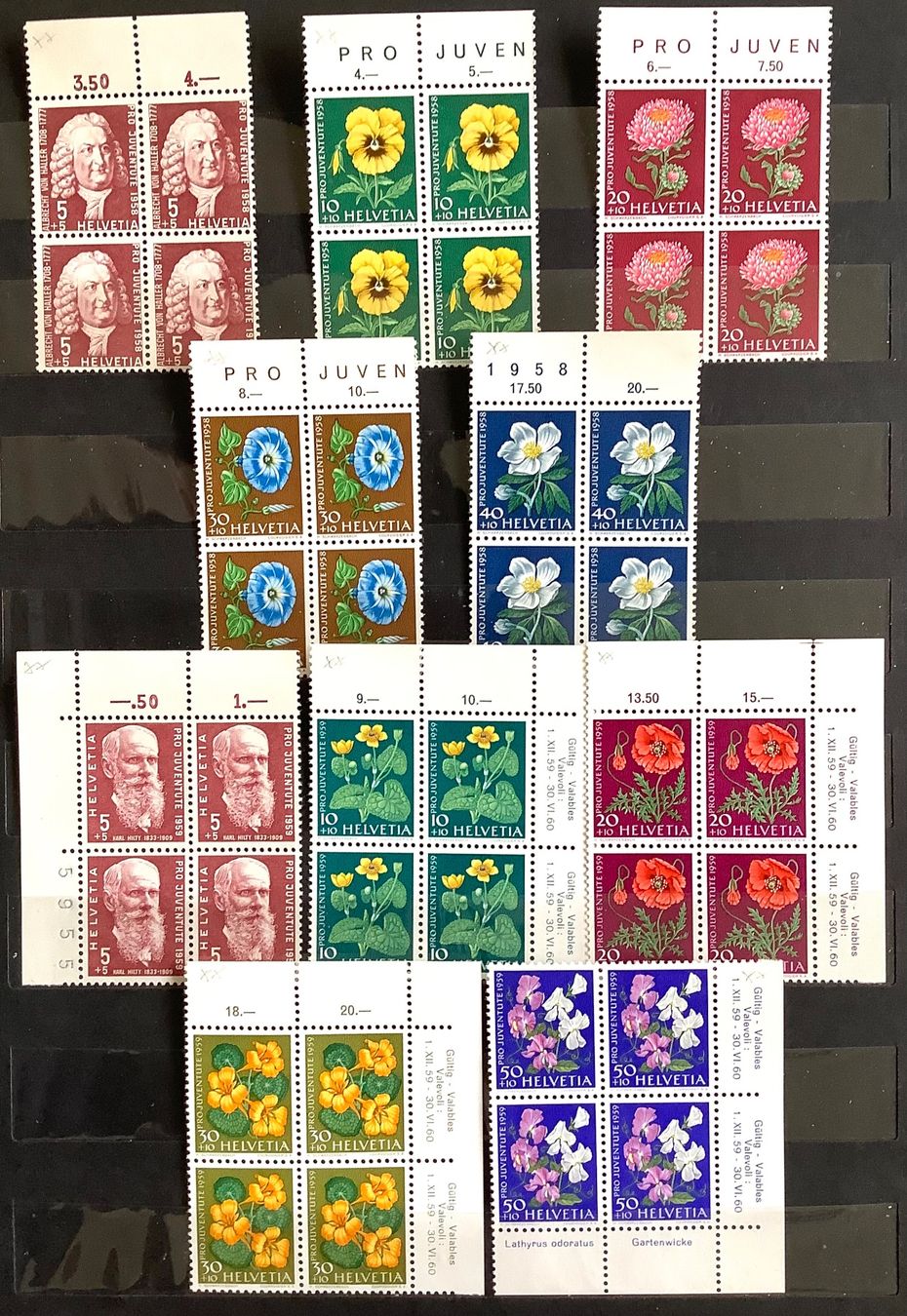 Tutti i francobolli: 1958 - 1959  Pro Juventute Serien Vierblock Postfrisch ** – Nuovo (secondo la descrizione) da Liestal venduto da Skunk02