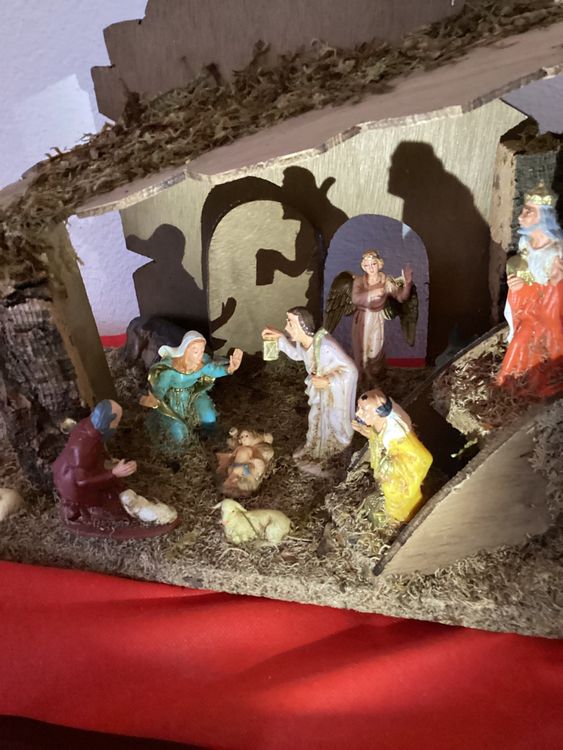 Grande Crèche De Noël Artisanale - 6 Santons En Argile - âne Et Bœuf Floqués