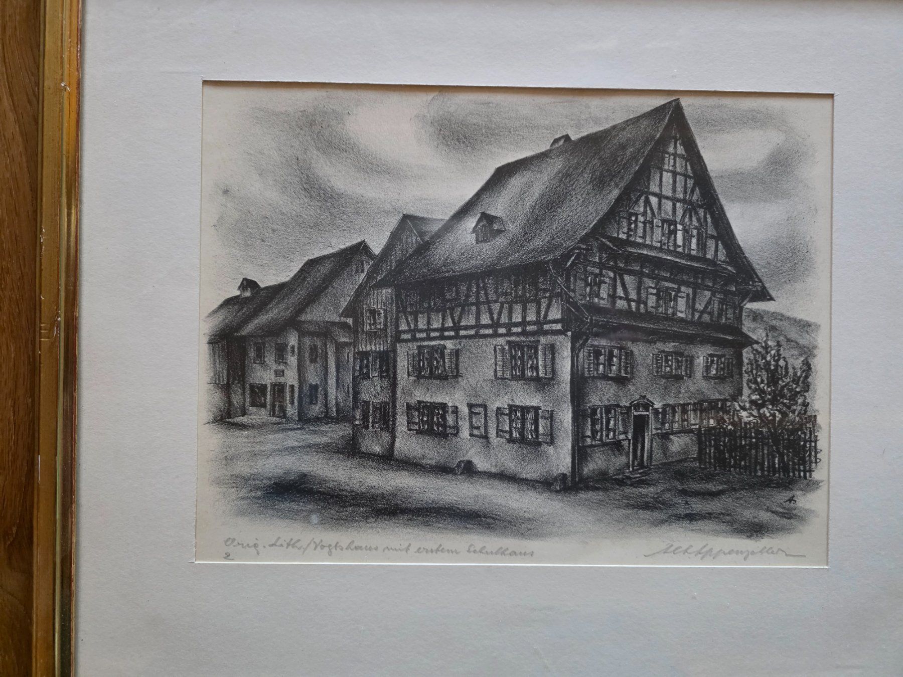 Grafica & Litografie: Litho Vogtshaus mit Schulhaus Goldrahmen – Usato da Walterswil BE venduto da Lonitti 3